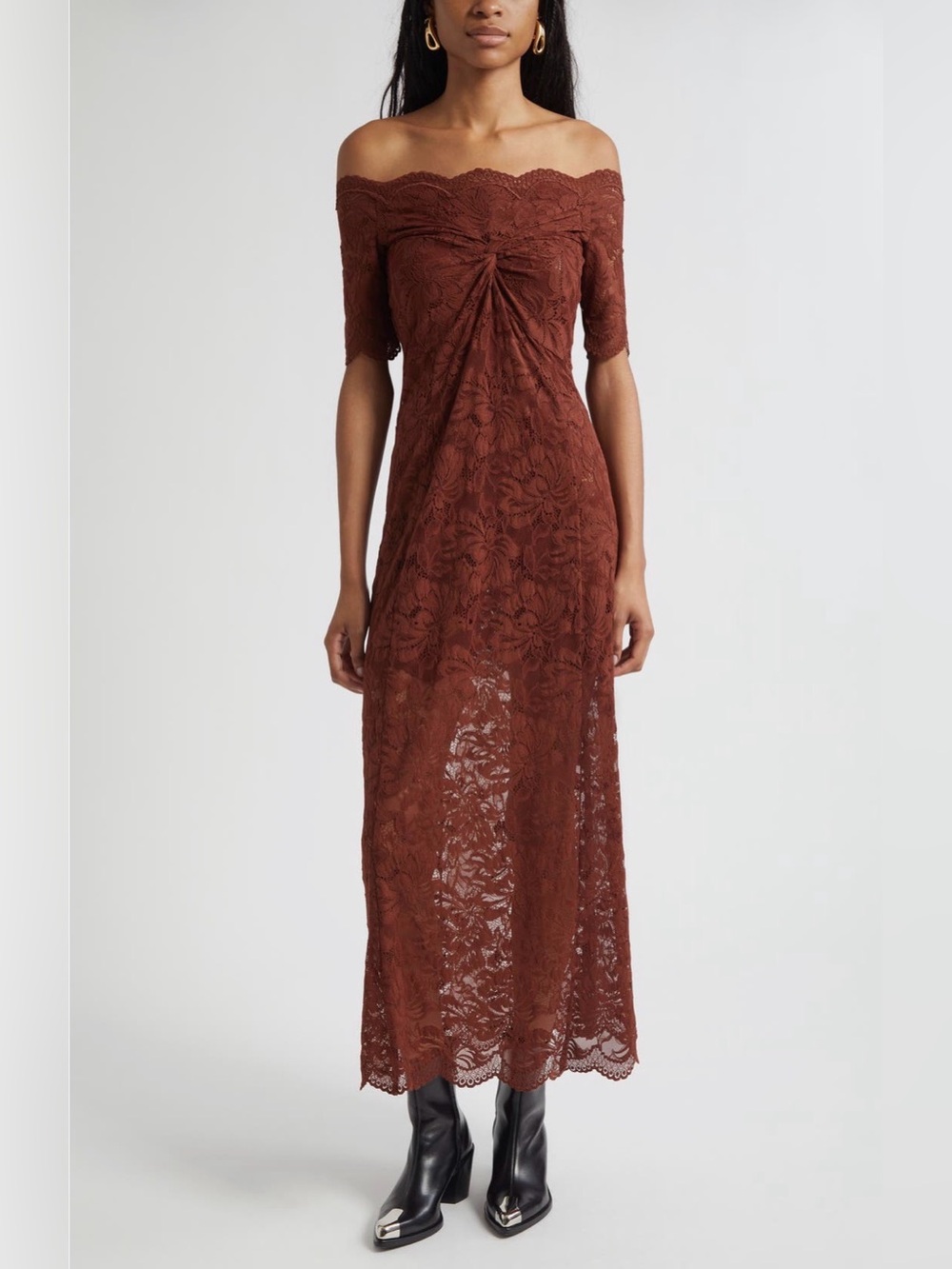 Rabanne Twist Front Off the Shoulder Lace Midi Dress 4/36 cinnamon
